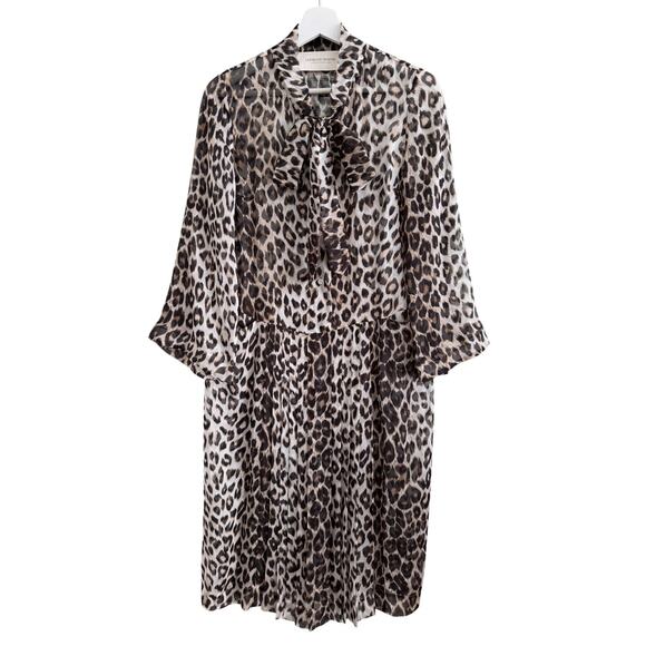 La Prestic Ouiston Dress Silk Leopard Print Tie Neck Pleated Long Sleeve Size 2 - Picture 5 of 13